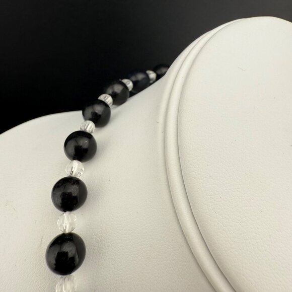 Black Gemstone & Clear Gemstone Sterling Silver Bead Necklace With Lobster Clasp - Picture 2 of 8